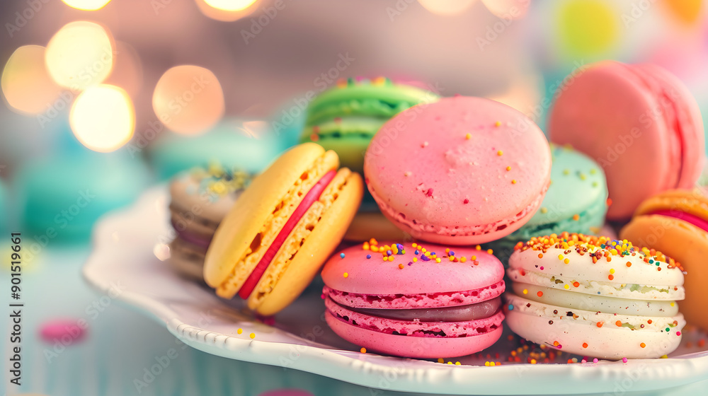 Fototapeta premium Colorful macarons arranged on a plate, showcasing various flavors and decorated with sprinkles, creating a cheerful and inviting dessert display