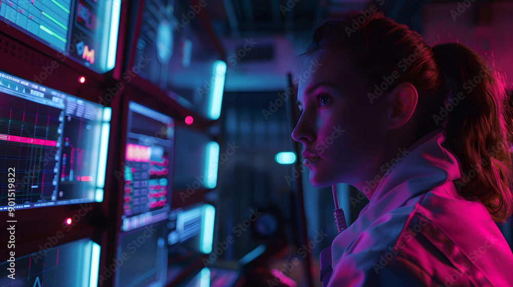 A woman focuses on digital screens displaying data and graphs, illuminated by colorful lights in a high-tech environment A woman focuses on digital screens displaying data and graphs, illuminated by colorful lights in a high-tech environment