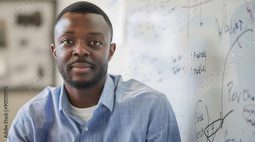 A black man in a blue shirt looks thoughtfully at the camera in an office setting, with notes and ideas written on a whiteboard behind him