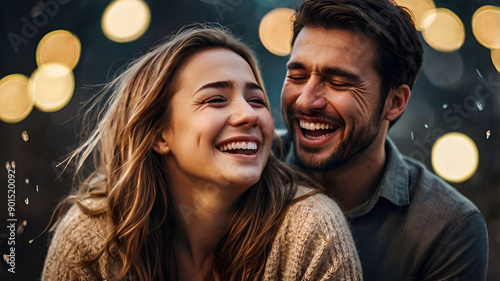 Portrait of a young happy couple in love having fun outdoors.