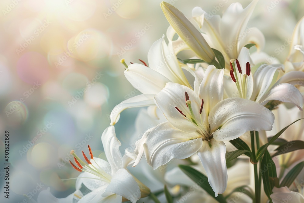 Fototapeta premium Lilies Blossoming: Beautiful White Flowers in Closeup on Light Blurred Background