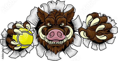 A wild boar, hog razorback warthog pig mean tough cartoon sports mascot holding a tennis ball