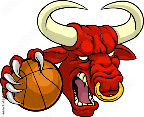 A bull or Minotaur monster longhorn cow angry mean basketball mascot cartoon.