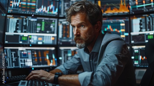 Focused Analyst Analyzes Stock Market Trends in High-Tech Trading Room Late at Night. Generative AI