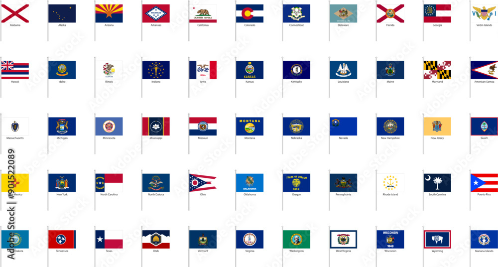 Flags of US States. Flags of all American states on white background ...