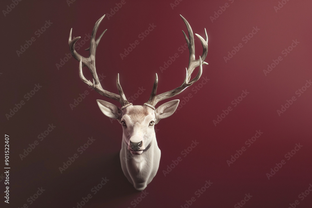 Reindeer with antlers on red background. Concept of Christmas and new year, winter holidays. Deer head on burgundy background. Reindeer with antlers on red background. Concept of Christmas and new year, winter holidays. Deer head on burgundy background.