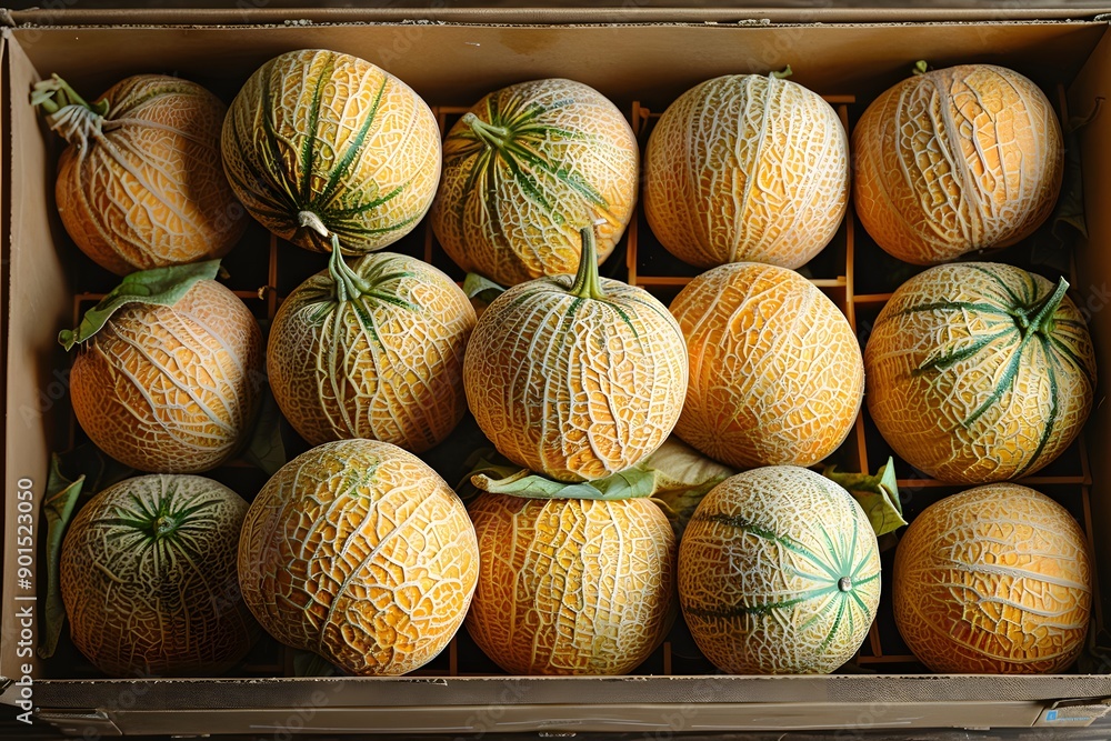 Freshly Harvested Melons in a Wooden Crate Freshly Harvested Melons in a Wooden Crate