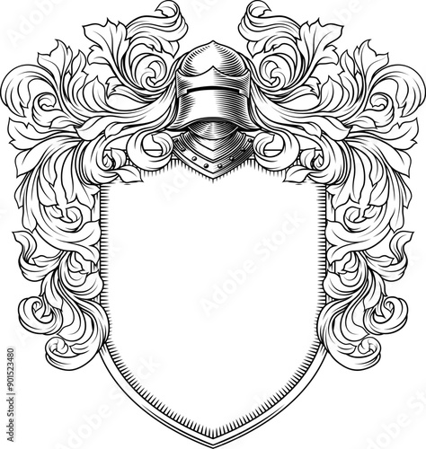 Coat of arms crest knight family medieval shield heraldry heraldic armorial motif. Featuring a knights helm helmet in a vintage etching engraving woodcut style