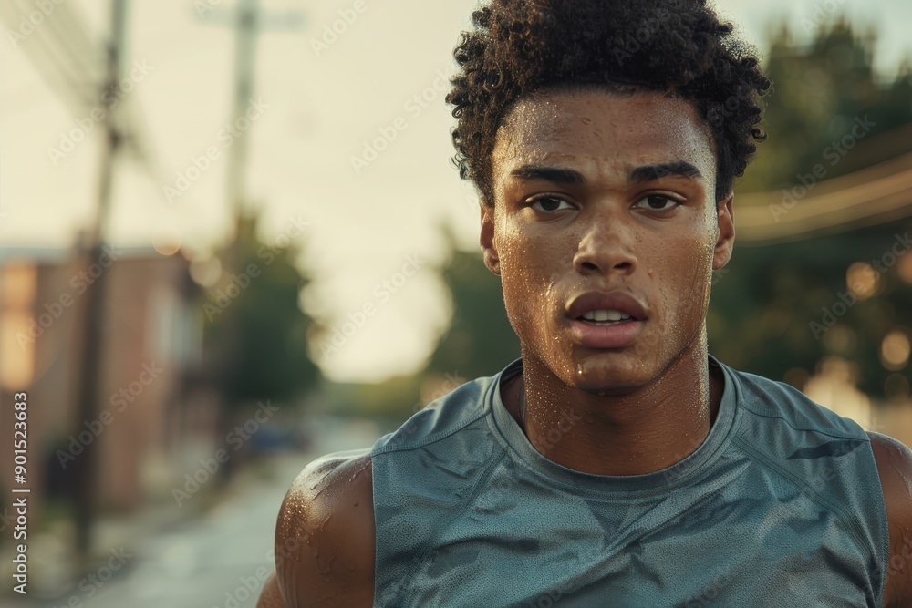 A young man runs along a street in athletic wear, with sweat glistening on his skin, portraying determination and focus amid the tranquil early morning setting. A young man runs along a street in athletic wear, with sweat glistening on his skin, portraying determination and focus amid the tranquil early morning setting.