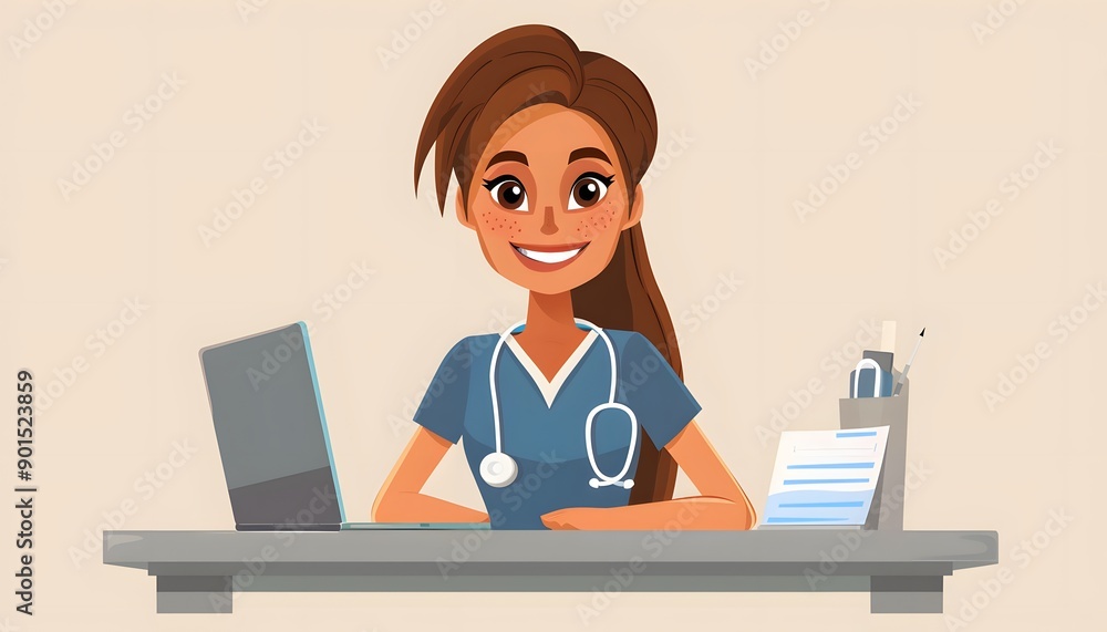 female doctor working with computer or laptop illustration female doctor working with computer or laptop illustration
