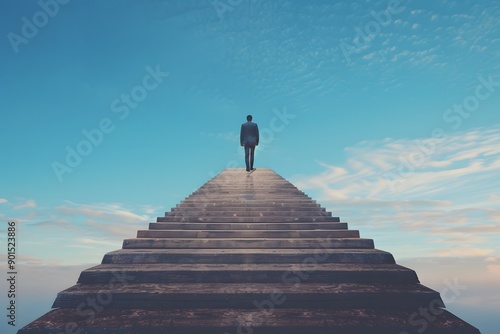 A Journey to the Sky: A Man Ascending a Stairway to the Clouds