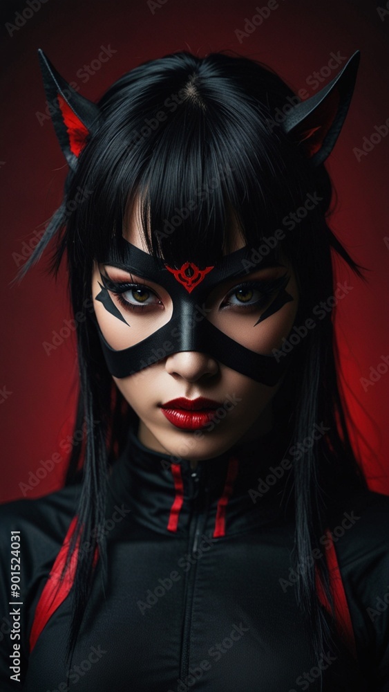A girl with a red mask and a black mask that says devil. A girl with a red mask and a black mask that says devil.