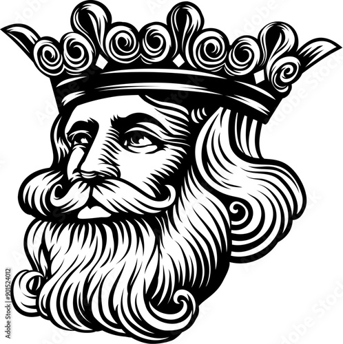 A king wearing a medieval crown, mascot head or face. Original illustration in a vintage woodcut style.