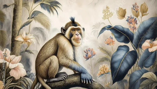 Obraz  Tropikalny las z małpami. Tapeta, tło, grafika w stonowanych kolorach