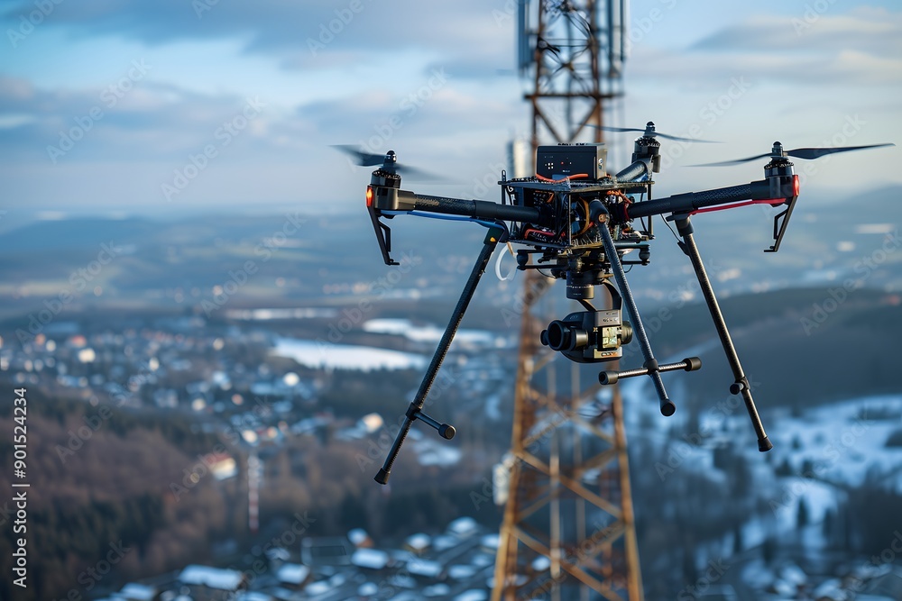 A Drone Capturing Aerial Views Near a Communication Tower A Drone Capturing Aerial Views Near a Communication Tower