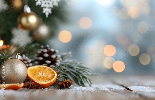 Gold Christmas Ornaments With Snow and Pine