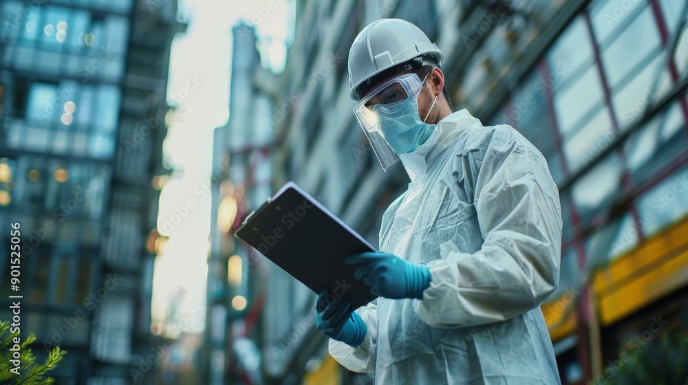 An environmental scientist collecting air quality data in an urban setting An environmental scientist collecting air quality data in an urban setting