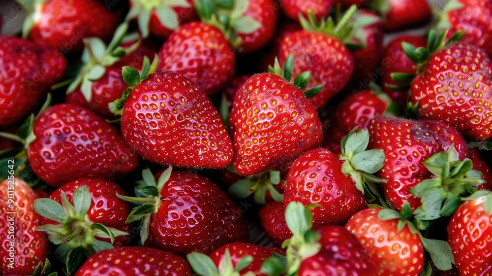 Fresh strawberries piled high at a farmers market, their bright red color and green stems enticing buyers. Fresh strawberries piled high at a farmers market, their bright red color and green stems enticing buyers.