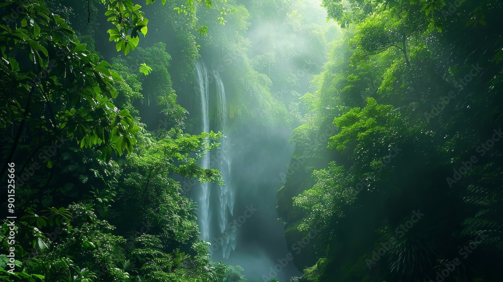 A lush green forest with a waterfall in the background A lush green forest with a waterfall in the background