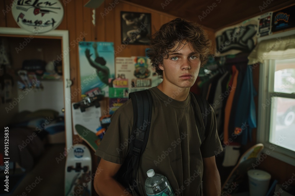 A young person holding a water bottle, standing in a room adorned with skateboarding posters and memorabilia, capturing the essence of teenage interests and subculture. A young person holding a water bottle, standing in a room adorned with skateboarding posters and memorabilia, capturing the essence of teenage interests and subculture.