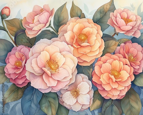 A closeup view of pastel camellias with intricate petal details and soft, blended colors, Watercolor, Bright and harmonious