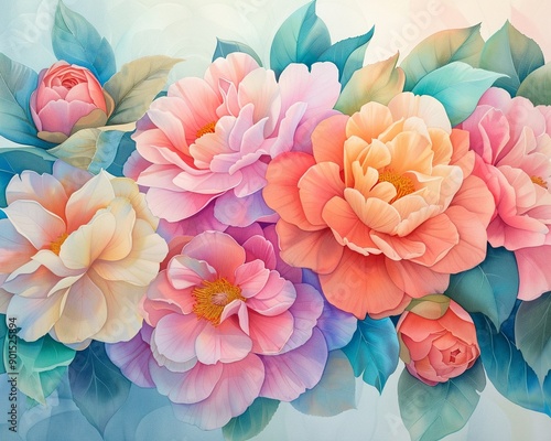 A closeup view of pastel camellias with intricate petal details and soft, blended colors, Watercolor, Bright and harmonious