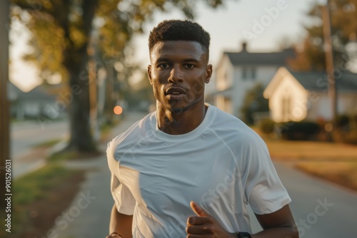 A young man running through a quiet suburban neighborhood in the early morning, wearing a white t-shirt and looking determined, capturing the essence of fitness and health. photo