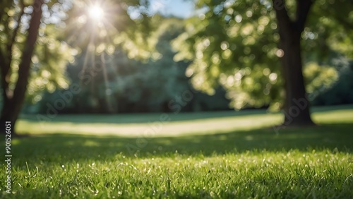 Beautiful summer-spring natural background. Landscape with young lush green grass with against the background of trees in the garden.