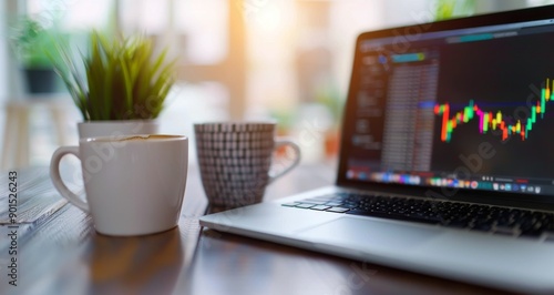 Laptop Showing Stock Market Data in Cafe
