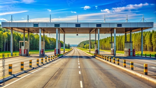 A deserted toll road checkpoint gate stands alone on a sunny day in the Moscow region, with empty lanes stretching into the distant horizon.