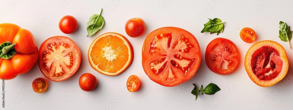 Array of fresh, sliced and whole tomatoes on a white background showcasing various colors and textures, perfect for culinary and health themes. Array of fresh, sliced and whole tomatoes on a white background showcasing various colors and textures, perfect for culinary and health themes.