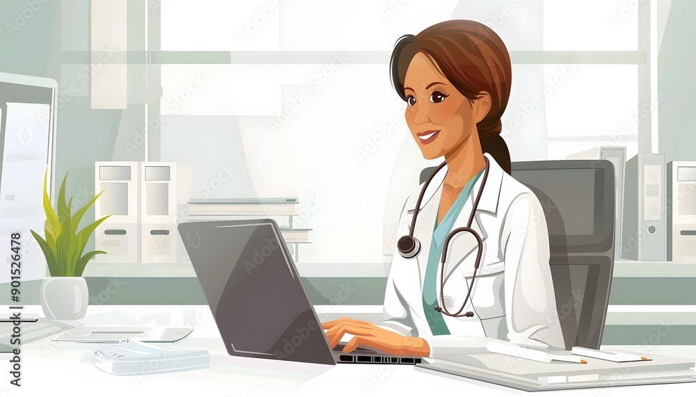 female doctor working with computer or laptop illustration female doctor working with computer or laptop illustration