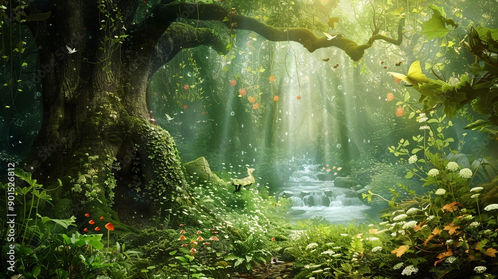 Fototapeta premium Mysterious forest with sunbeams and fog. Fantasy landscape.