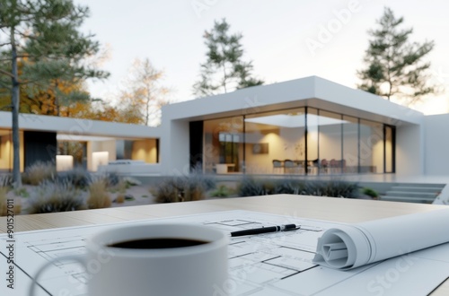 Modern Home Architectural Plans With Coffee