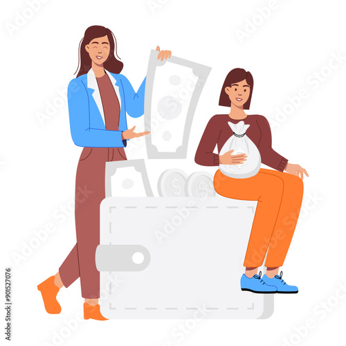 Character based flat illustration of payment wallet 

