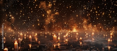 Fototapeta Naklejka Na Ścianę i Meble -  Many candles and a three foot distance with a blank space for an image. Copy space image. Place for adding text and design