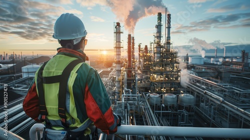 A man in a safety vest stands on a railing overlooking a large industrial plant