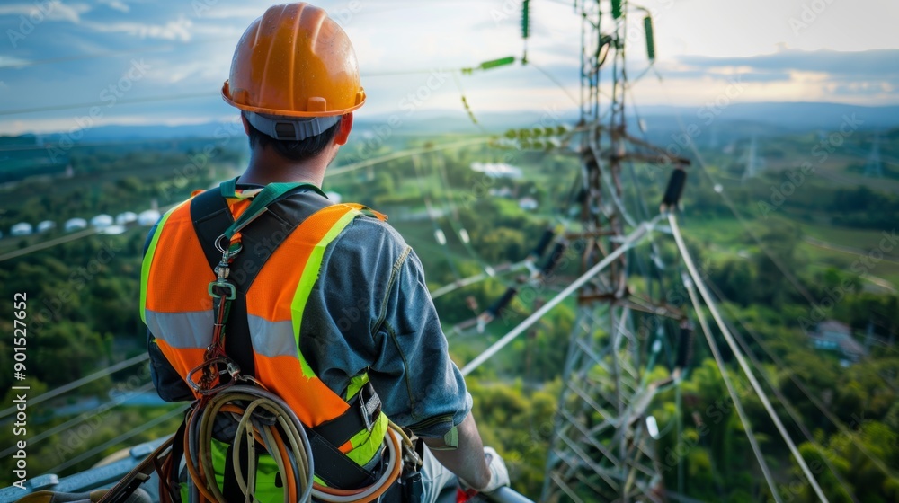 A man in a safety vest is sitting on a power line
