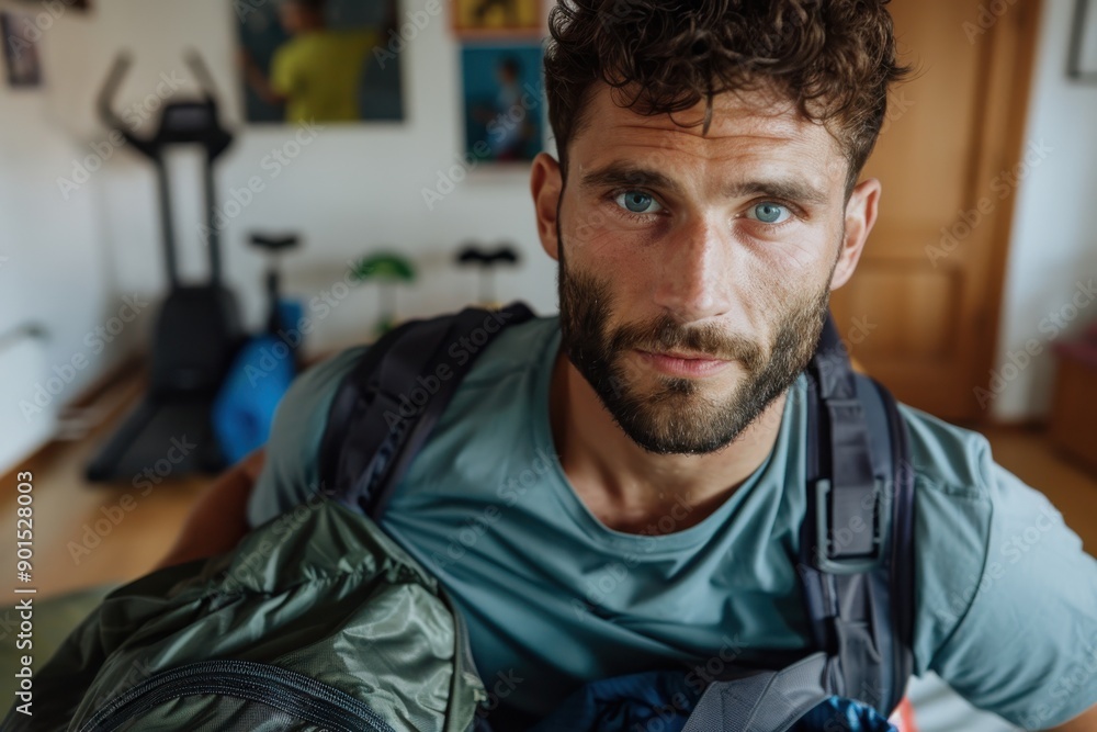 A man with blue eyes and a beard is preparing for an outdoor activity within a room, packing gears while looking directly at the camera with determined focus. A man with blue eyes and a beard is preparing for an outdoor activity within a room, packing gears while looking directly at the camera with determined focus.