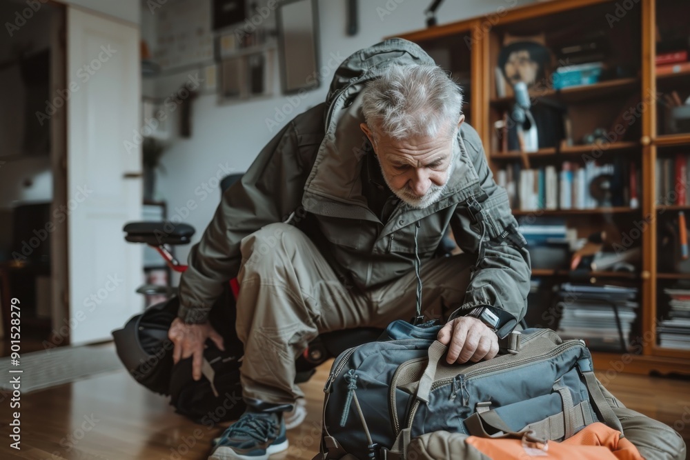 A man in a green jacket is shown packing his gear in a modern room filled with books and various items, demonstrating a methodical and organized approach. A man in a green jacket is shown packing his gear in a modern room filled with books and various items, demonstrating a methodical and organized approach.