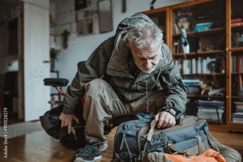 A man in a green jacket is shown packing his gear in a modern room filled with books and various items, demonstrating a methodical and organized approach.