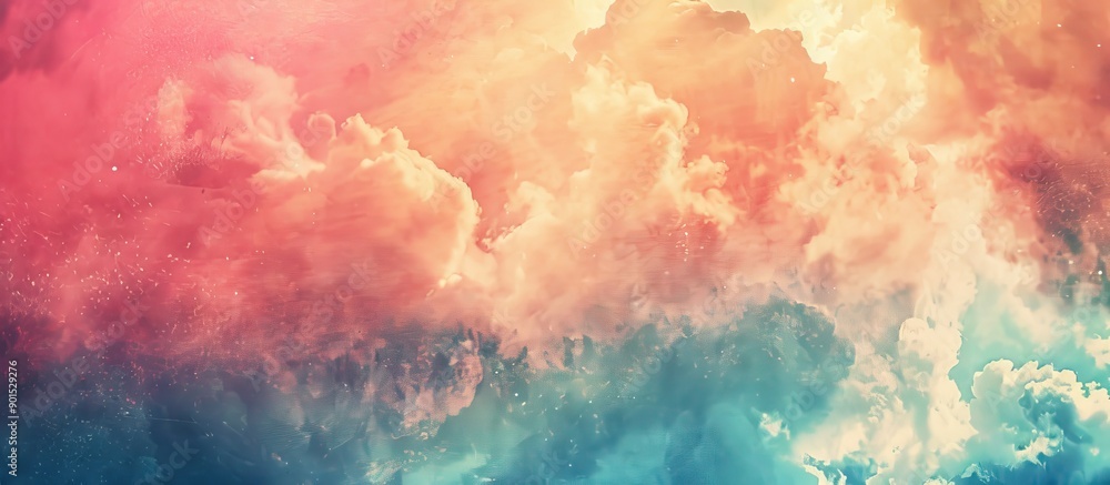 Fototapeta premium Nature inspired abstract background with a fantasy atmosphere of a cloudy sky in pastel gradient tones and grunge paper texture ideal for copy space image