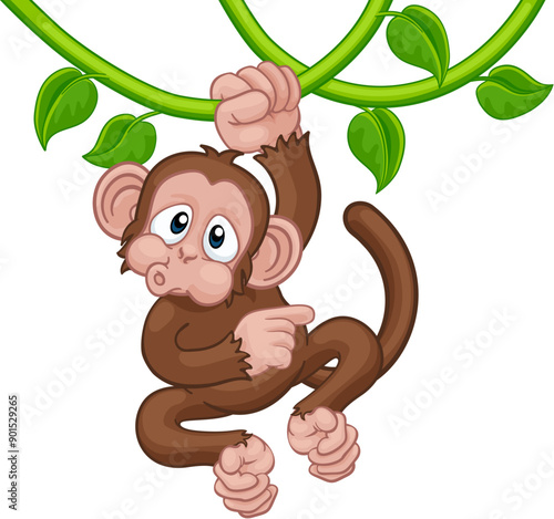 A monkey cartoon character singing on jungle vines and pointing