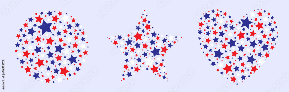 A visually striking design with red, white and electric blue stars forming geometric circle, star and heart shapes creating a bold and patriotic pattern. Perfect for an event or art project. A visually striking design with red, white and electric blue stars forming geometric circle, star and heart shapes creating a bold and patriotic pattern. Perfect for an event or art project.
