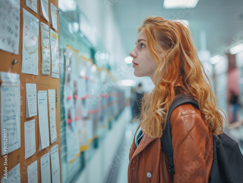 The teacher arranges notes and decorations on a bulletin board in a school hallway. The scene captures the organization and preparation of creating an informative and engaging display for students