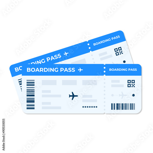 Boarding pass vector illustration. Two air plane tickets template. Airline flight pass concept. Blue departure document. Blue airplane tickets design. Blank boarding pass template.