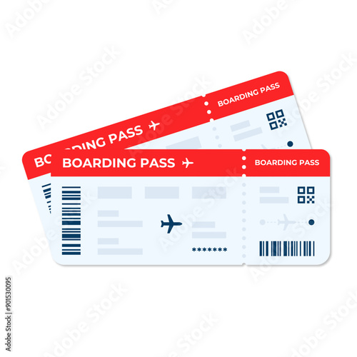 Boarding pass vector illustration. Two air plane tickets template. Airline flight pass concept. Blue departure document. Red airplane tickets design. Blank boarding pass template.
