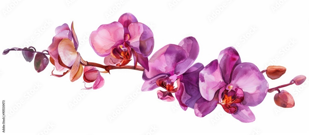 Naklejka premium Stunning pink orchid flower and unopened bud with purple and violet petals attractively offering sweet nectar to bees making a lovely gift for Mother s Day or loved ones. Copy space image