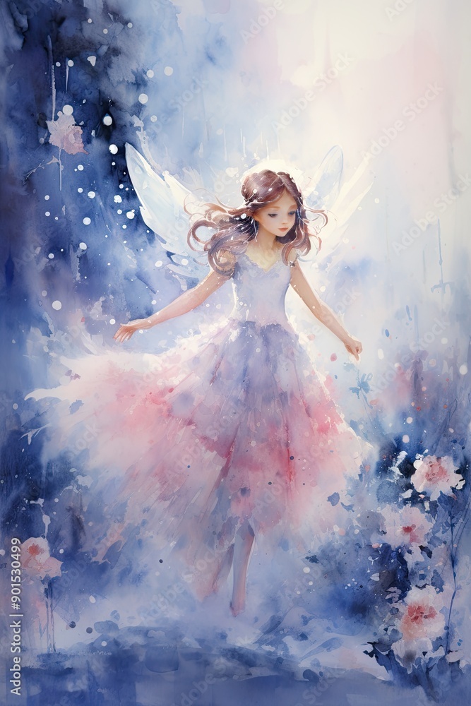 Illustration of a Fairy with magic dust on a grunge background with snow and floral edges, realistic watercolor style, pink blue background, Illustration of a Fairy with magic dust on a grunge background with snow and floral edges, realistic watercolor style, pink blue background,