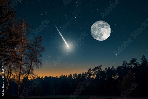 Meteor Shower and Full Moon Over Forest © viktoria